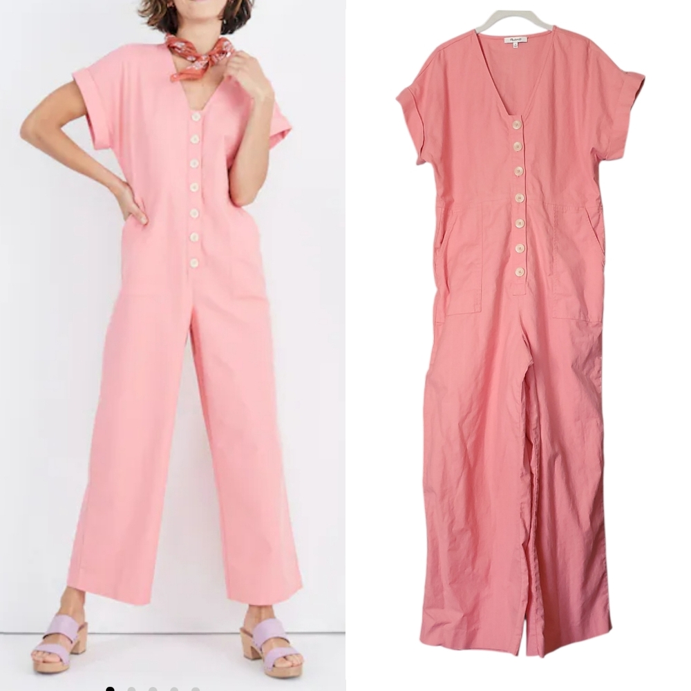 Madewell Button Front Shortsleeve Day Jumpsuit Easy Care Coral  Cotton Blend